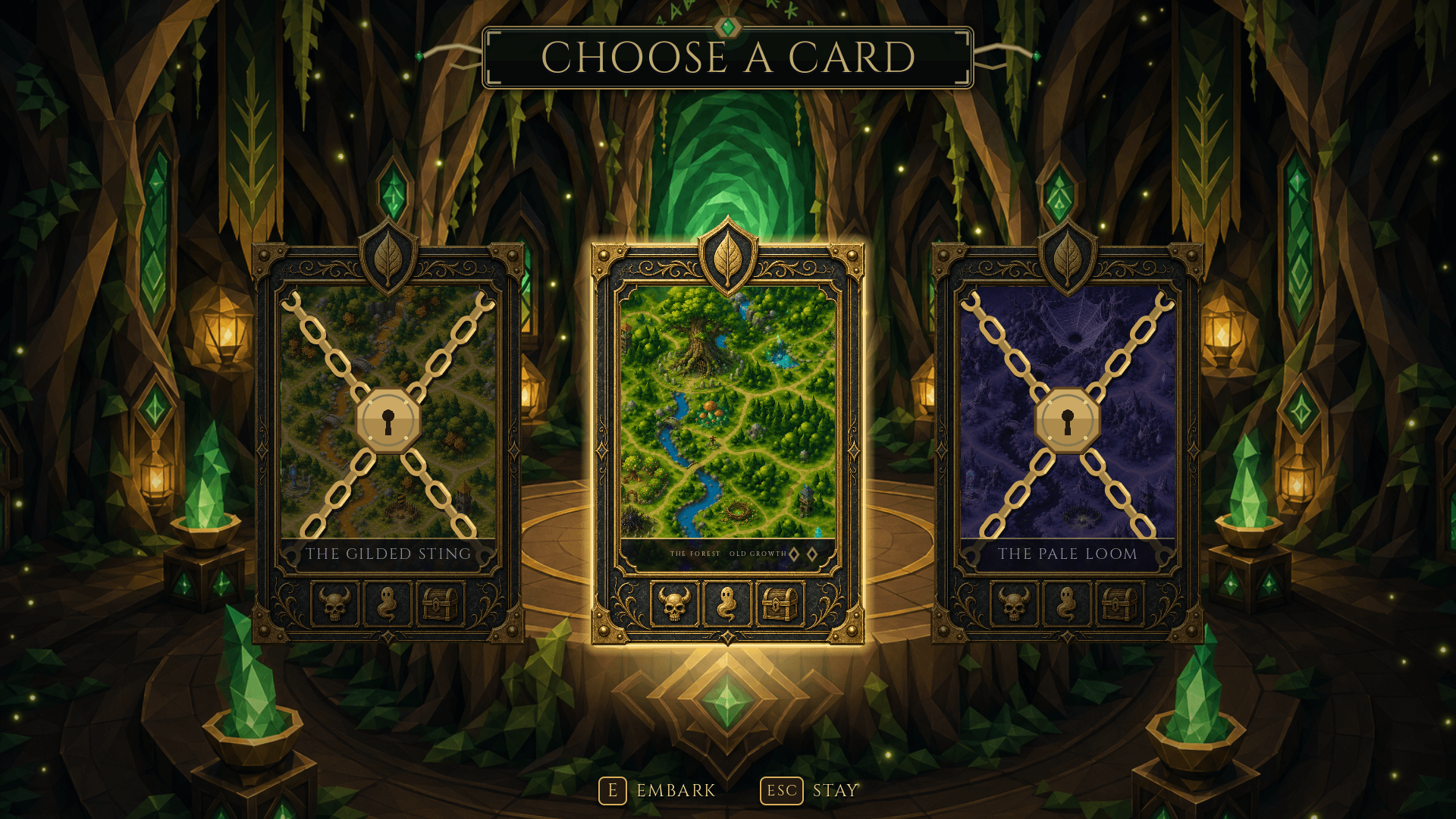Three ornate dungeon cards in a dark emerald hall, the middle one glowing gold
