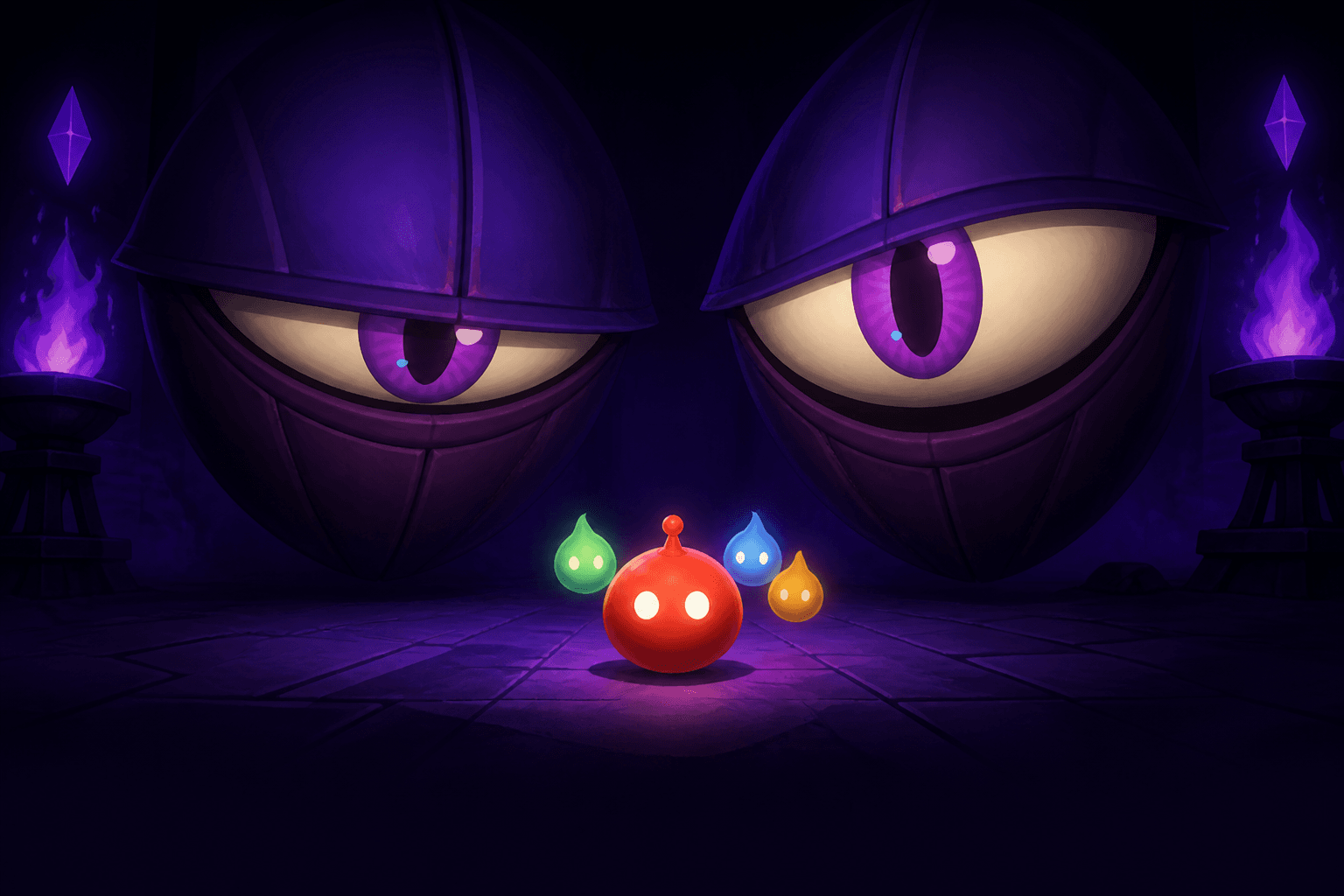 Two enormous grumpy eyes glowering from the dungeon dark